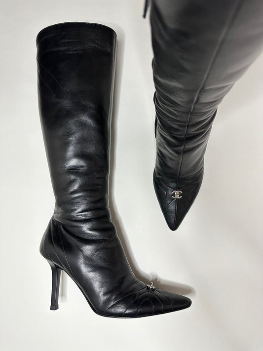 Chanel Black Leather Turnlock Boots 35