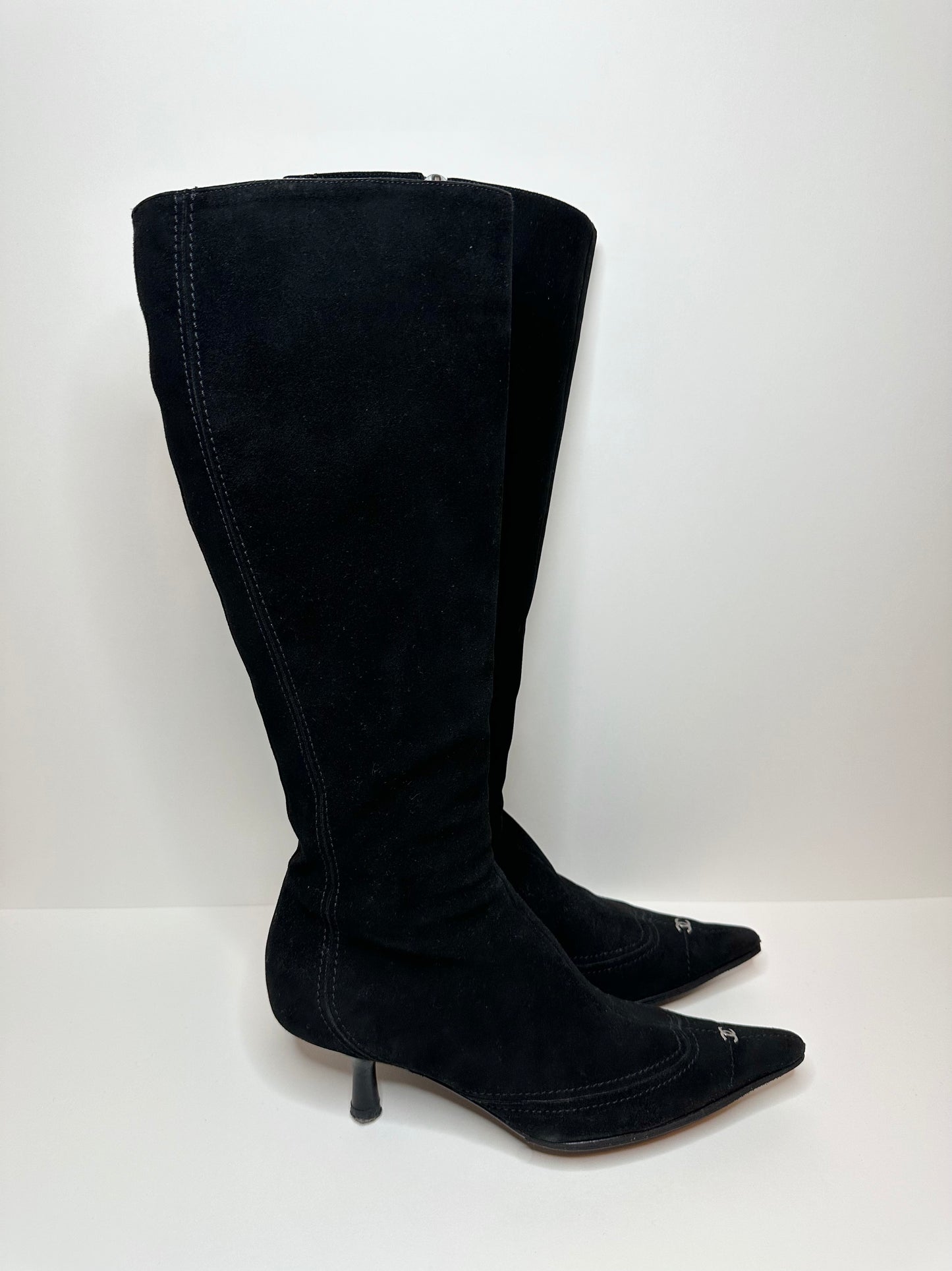 Chanel Black Suede Logo Boots 38