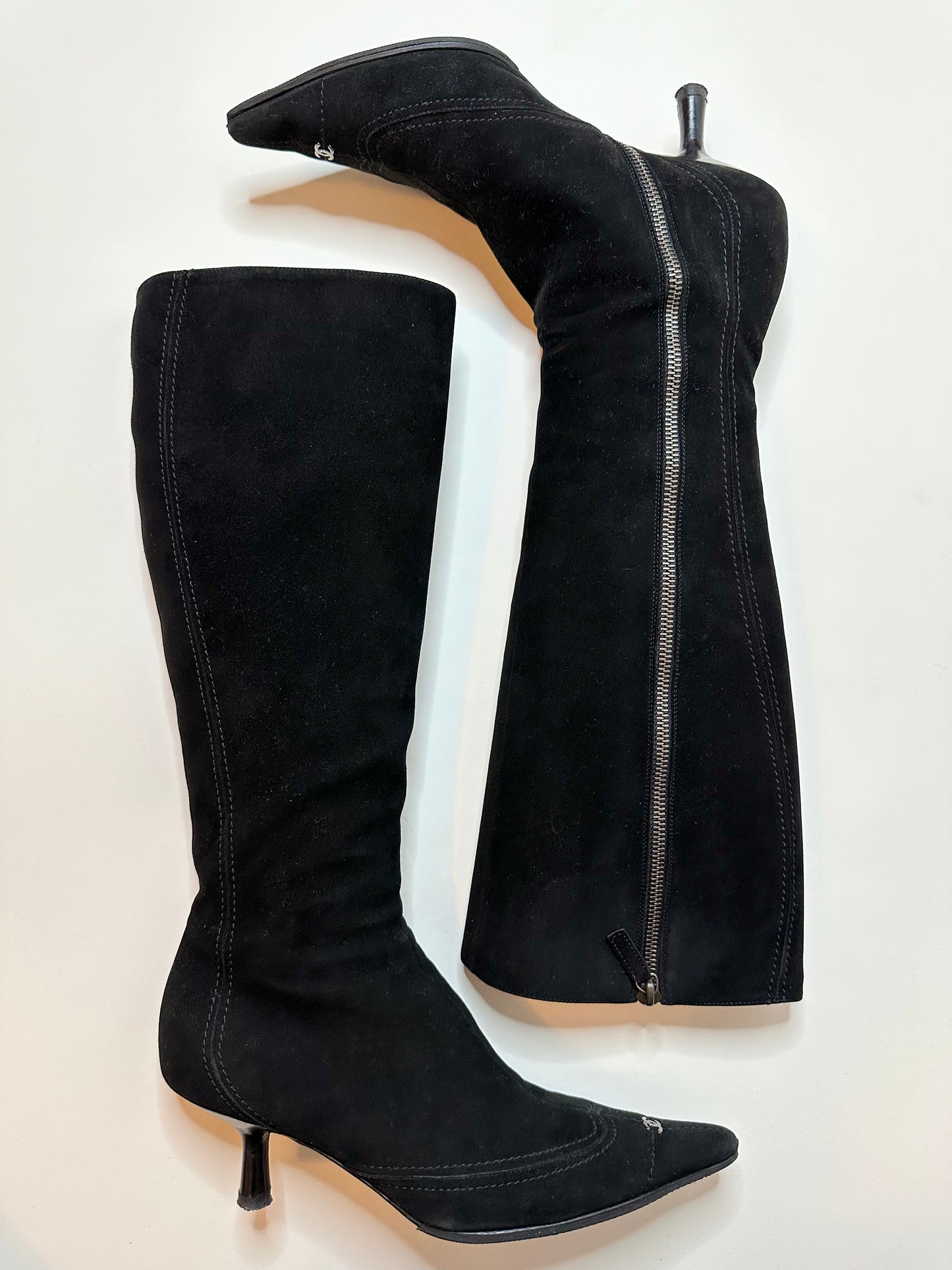 Chanel Black Suede Logo Boots 38