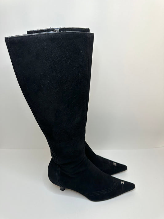 Chanel Black Suede Logo Boots 36.5