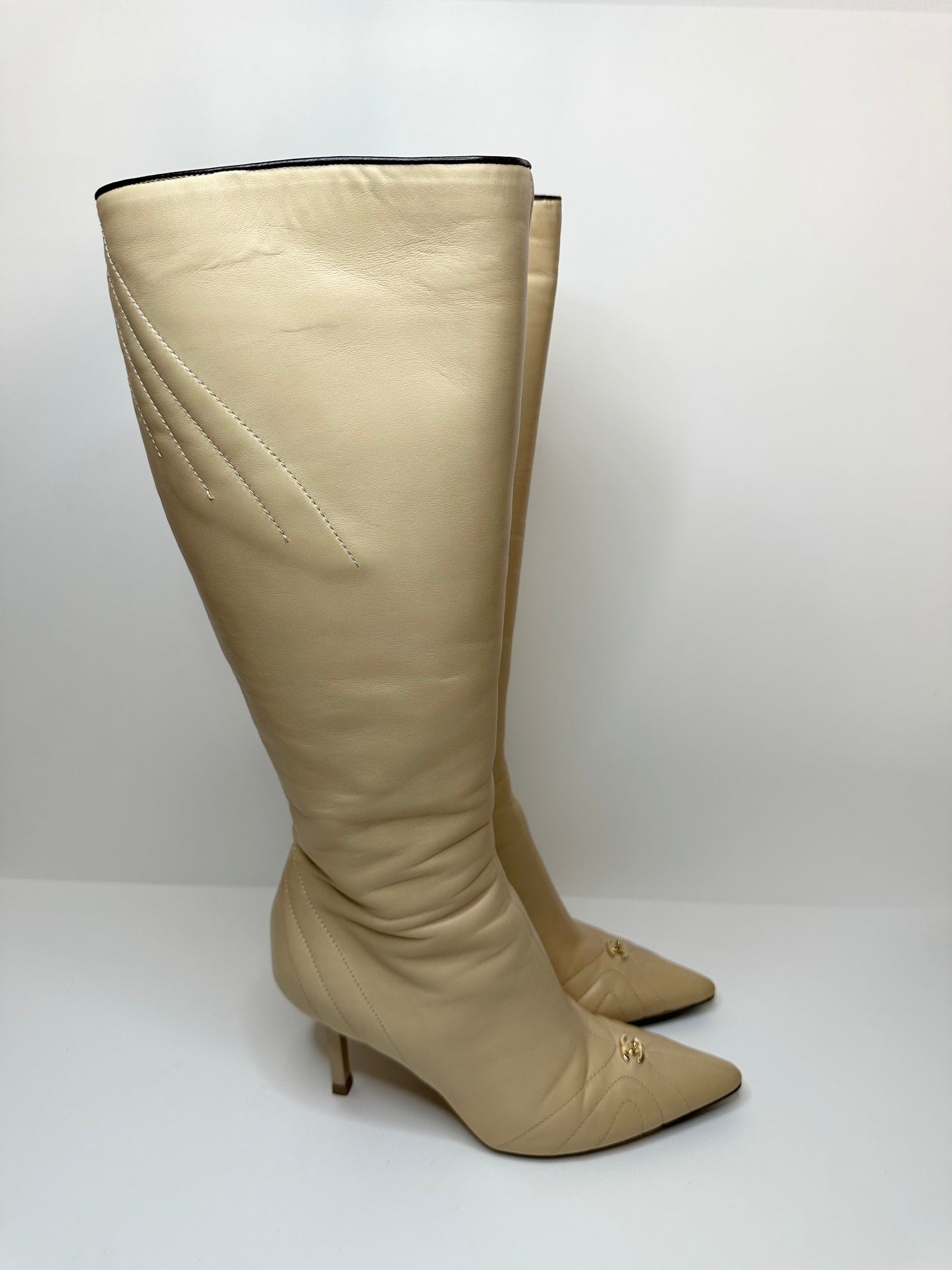 Chanel Beige Leather Turnlock Boots 37.5