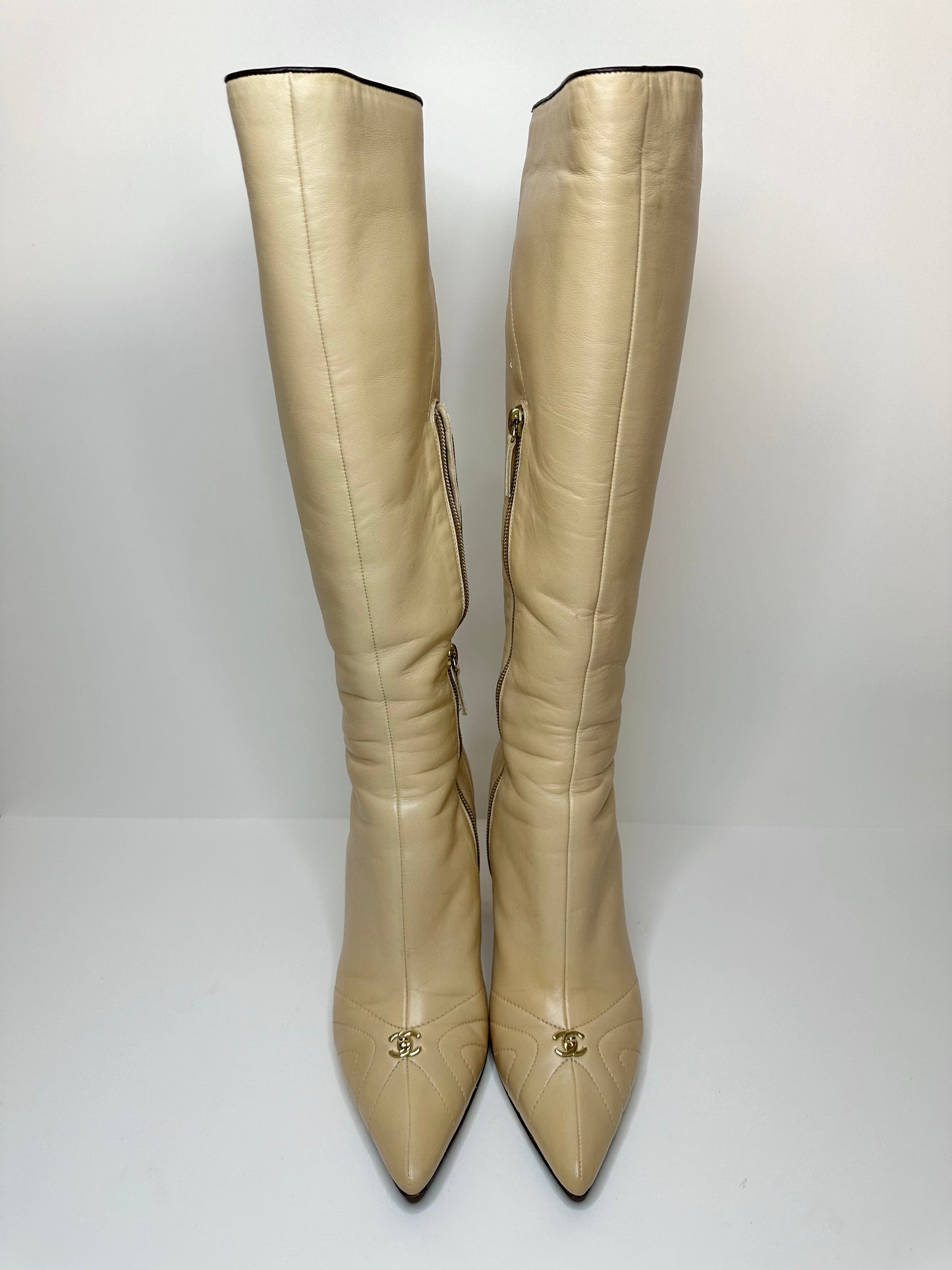 Chanel Beige Leather Turnlock Boots 37.5