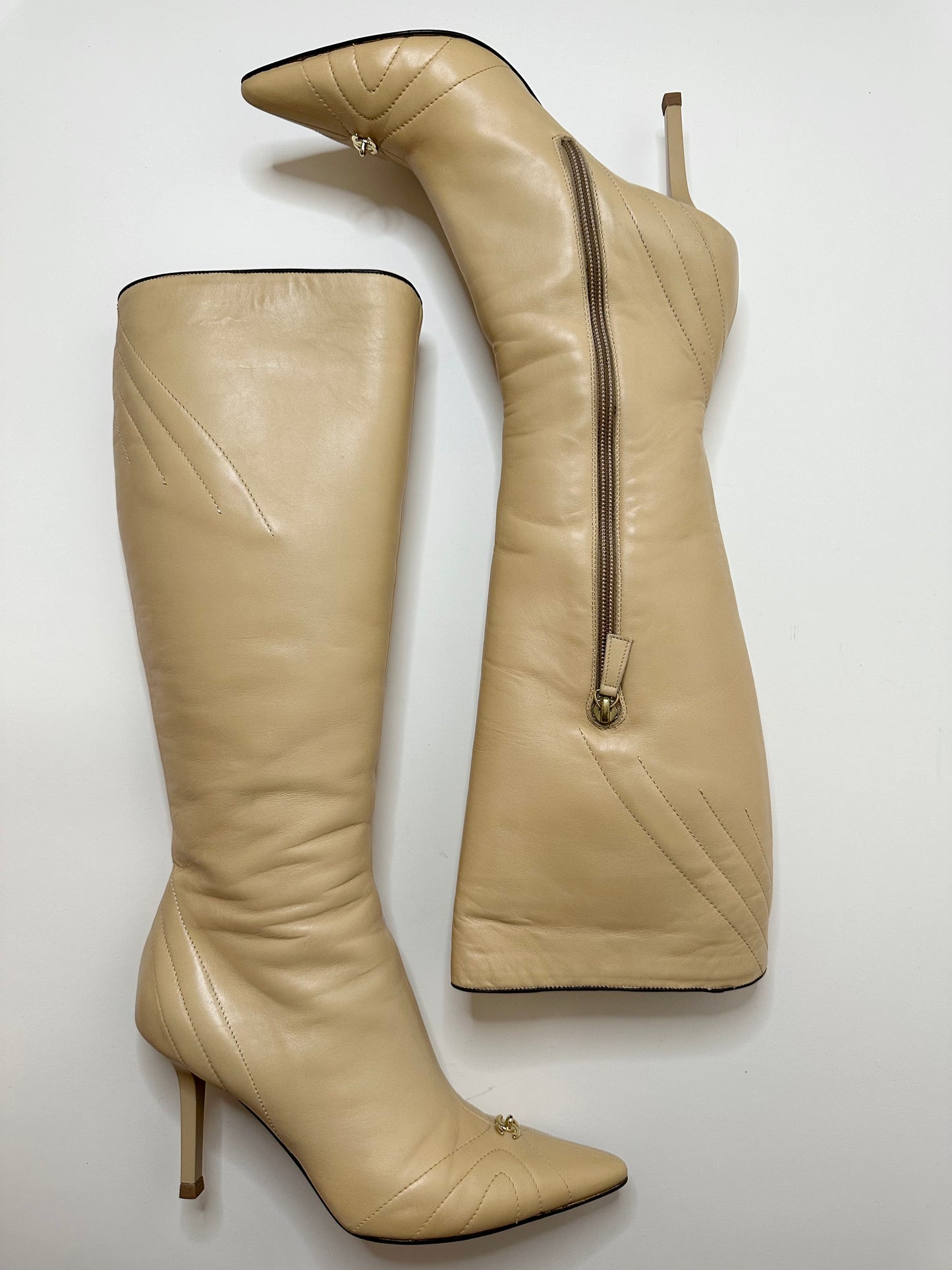 Chanel Beige Leather Turnlock Boots 37.5