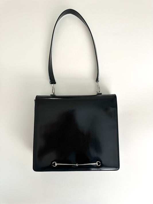 Gucci Black Patent Slim Horsebit Shoulder Bag