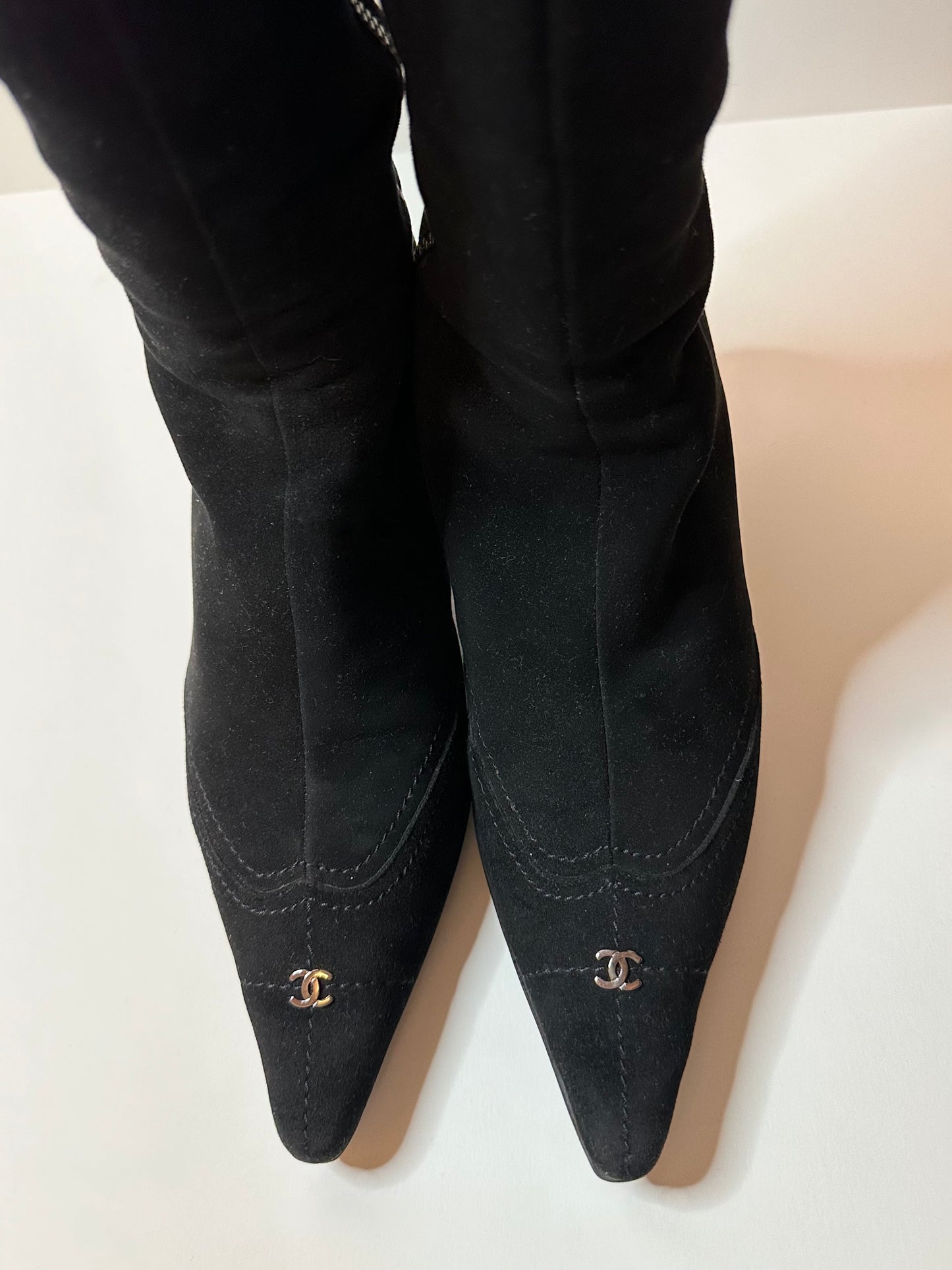 Chanel Black Suede Logo Boots 38